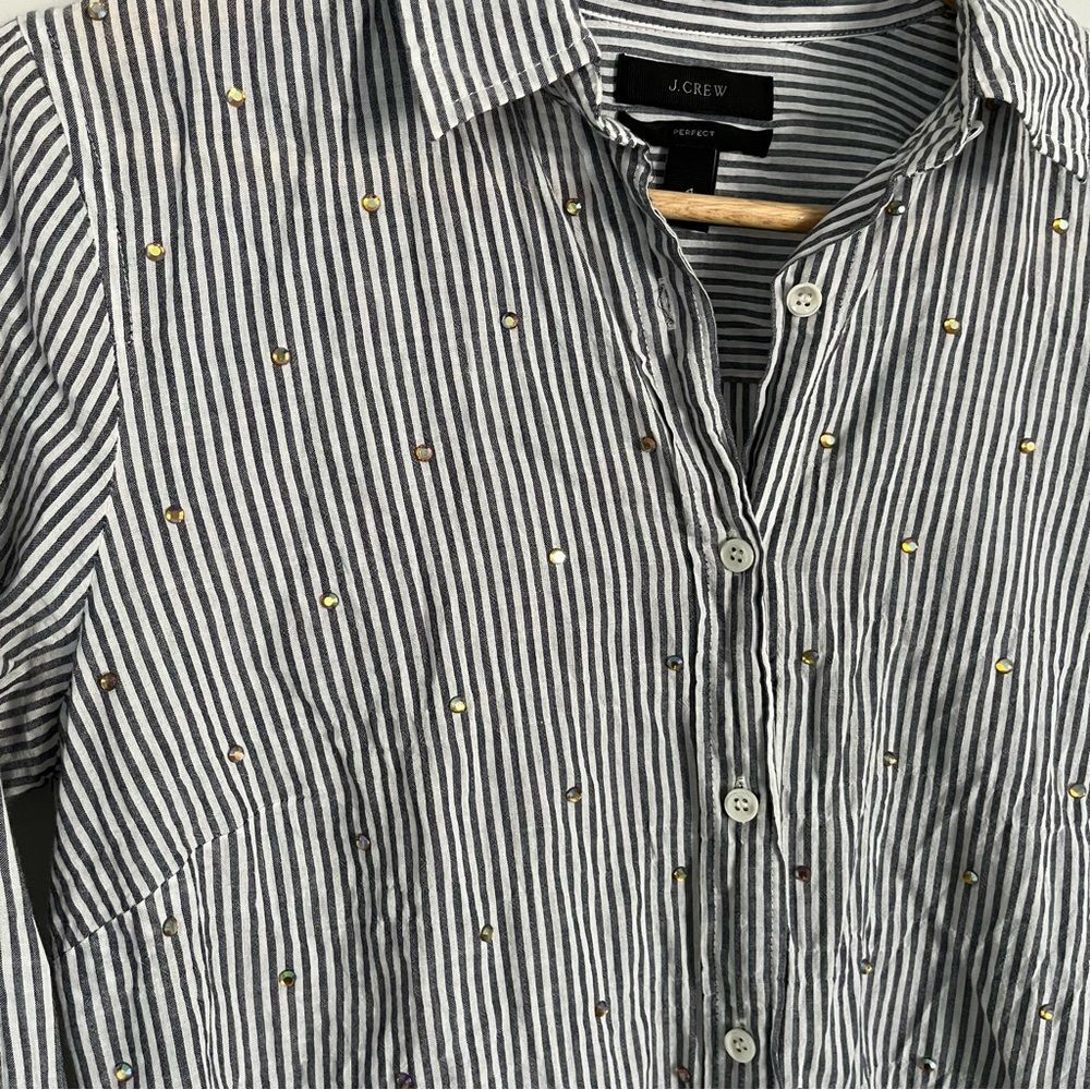J. Crew Embellished Rhinestone Striped Perfect Button Down Shirt, Size 4 NWOT - Picture 6 of 11